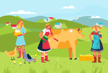 Farmer at rural local farm, vector illustration, flat girl group character care about animals, chicken, cow at countryside, fields near village.