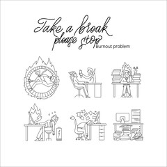 Employee burnout man in office doodle illustration set