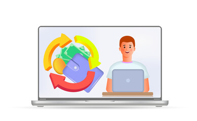 A young man is working on a laptop computer. Creative business ideas,
 economic task planning, business development strategy.
3d vector illustration. Cartoon style.