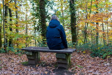 Einsame Frau im Wald auf einer Bank