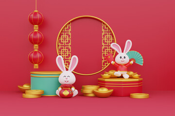 Chinese new year banner, 3D cute rabbit holding fortune bag with wealth gold money and festive lanterns, Chinese Festivals, Lunar, CYN 2023, Year of the Rabbit, 3d rendering. - obrazy, fototapety, plakaty