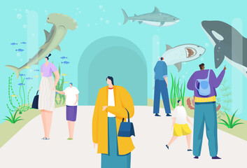 Oceanarium concept, vector illustration, flat man woman character look at fish animal in aquarium glass, people at excursion, shark, killer whale