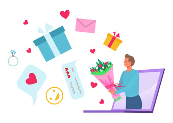 Online date at computer technology, vector illustration, flat man character in laptop hold bouquet, internet social media technology for communication.