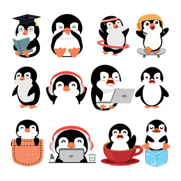 Cartoon penguin characters in different poses set