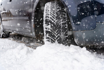 Off road winter tire packed with snow in deep snow.Detail of car tires in winter on the road...