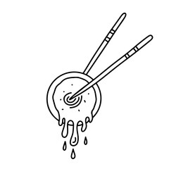 Mochi with chopsticks in hand drawn doodle style. Vector illustration. Asian food.