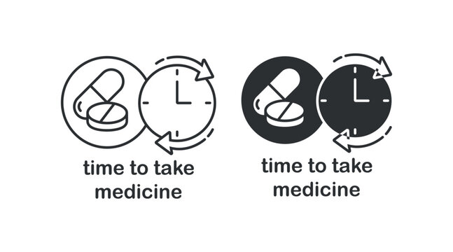 Time To Take Medicine Icon. 
Time To Take Pills Illustration Symbol. Sign Pills And Clock Vector Flat.