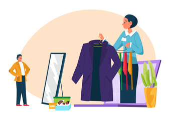 Advice for man outfit, personal stylist service, vector illustration, tiny person client character stand near mirror, shopping in style store.