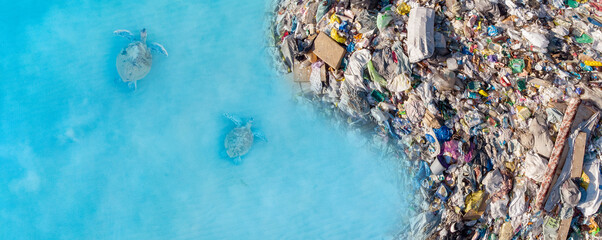 Sea Turtles and plastic bags aerial top view. Banner Concept global issue environmental of plastic...