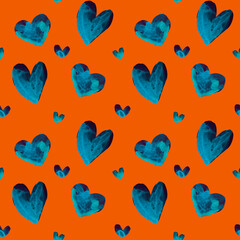 Watercolor seamless pattern of hearts on orange background. Fabric pattern. Valentine's Day. February. Holidays. The senses. Valentine's Day. Banner.