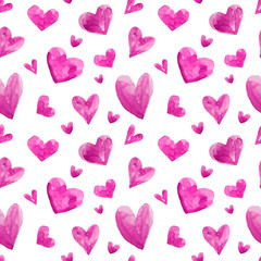 Watercolor seamless pattern of hearts on a white background. Fabric pattern. Valentine's Day. February. Holidays. The senses. Valentine's Day. Banner.