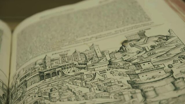 Medieval book, old Nuremberg chronicle with artwork of cityscape, Rome