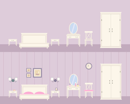 Cozy white bedroom in Provence style empty and with linens. Home interior concept. Cartoon flat style. Vector illustration