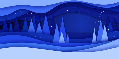 Vector winter landscape with fir trees, clouds and snow in paper cut style