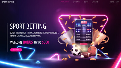 Sports betting, digital banner with smartphone, champion cups, falling gold coins and sport balls on dark scene with neon blue and pink triangles around