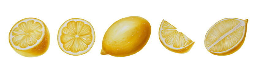 Watercolor set of ripe lemon and lemon and slices. Hand drawn immunity strengthening vitamins isolated illustration on write background