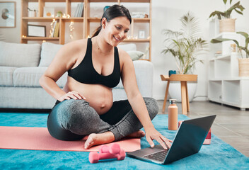 Pregnant woman, laptop and home workout with yoga tutorial while streaming online for exercise, fitness and pilates for health and wellness. Female on internet for virtual pregnancy class or webinar