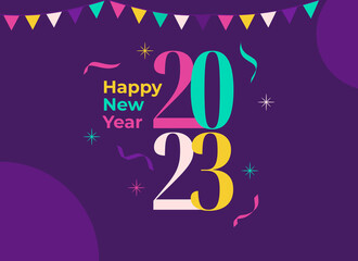 Happy New Year 2023 Colorful Typography Design with Abstract Background. 2023 Flat Design Vector Illustration