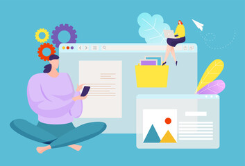 Shared document concept, vector illustration, flat business woman look at sharing files, web page with teamwork data, tiny girl worker sit at screen.
