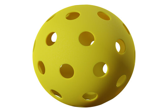 Yellow pickleball with holes. Close-up png transparent 3d rendering.