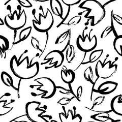 Black and White Grunge Floral Seamless Pattern. Hand Drawn Dry Brush Artwork Background.