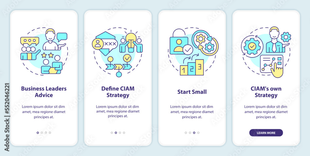 Poster beginning with ciam onboarding mobile app screen. customer management walkthrough 4 steps editable g