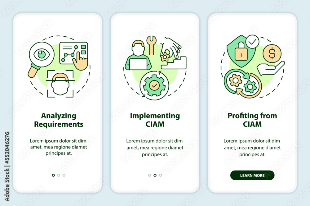 Poster implementing ciam onboarding mobile app screen. business improvement walkthrough 3 steps editable gr
