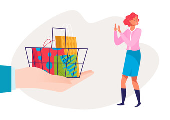 Stop shopping concept, vector illustration, flat woman character pull hands in front huge basket with package, retail clothes purchase.