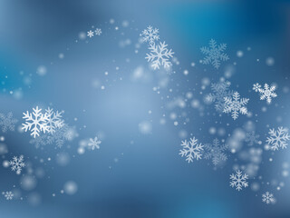 Fairy heavy snow flakes background. Snowstorm fleck freeze elements. Snowfall weather white teal blue illustration. Filigree snowflakes new year texture. Snow nature landscape.