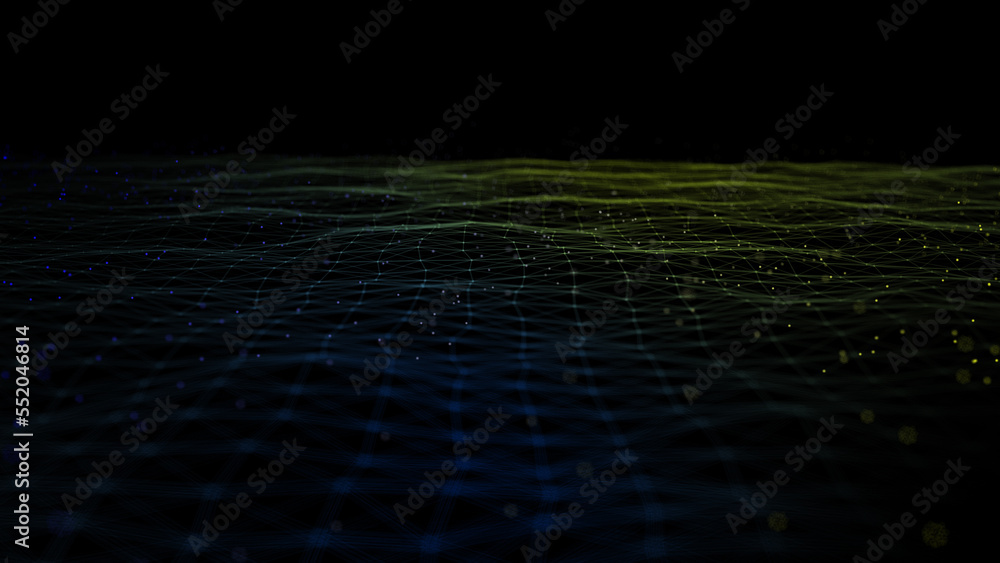 Poster Wave of digital particles on a black background. Abstract interlacing lines and points. Digital connection of elements. Simulation of the movement of small particles. 3D rendering.