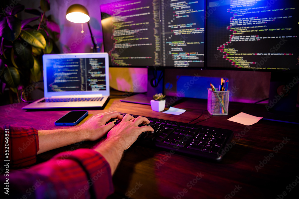 Poster photo of programmer hands arms typing keyboard software modern device indoors workplace workshop hom