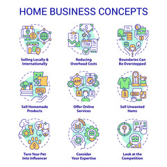 Home business concept icons set. Self employment. Family startup. Remote work idea thin line color illustrations. Isolated symbols. Editable stroke. Roboto-Medium, Myriad Pro-Bold fonts used