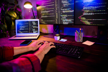 Photo of programmer hands arms typing keyboard software modern device indoors workplace workshop...