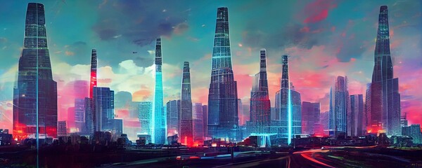 Futuristic city with skyscrapers and blue tones. Great as a backdrop, wallpaper or to use in your art projects.