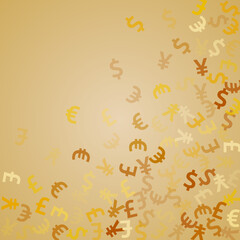 Euro dollar pound yen golden symbols scatter money vector background. Marketing pattern. Currency