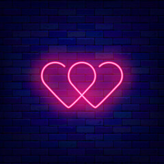 Continous two hearts neon sign. Valentines Day label. Love and wedding symbol. Vector stock illustration