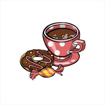 cup of coffee with donut and candy  illustration