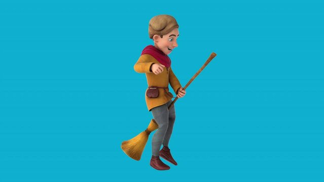 Fun 3D cartoon medieval man riding a broomstick (alpha included)
