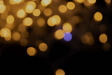Abstract background of blurred yellow lights for design. Lights bokeh dis focus. Christmas background, copy space