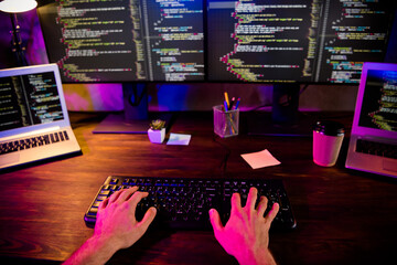 Photo of guy hands arms working front back end programming indoors workstation workshop home