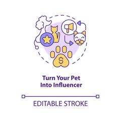 Turning pet into influencer concept icon. Business home based startup for women abstract idea thin line illustration. Isolated outline drawing. Editable stroke. Arial, Myriad Pro-Bold fonts used