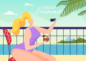 Summer beach vacation concept, vector illustration, flat woman character relax at sea, make selfie at outdoor terrace near tropical sea shore.