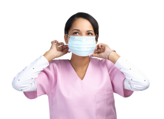 PNG cropped shot of an attractive young female healthcare worker wearing a mask and looking thoughtful in studio