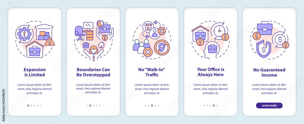Poster home based business drawbacks onboarding mobile app screen. walkthrough 5 steps editable graphic ins