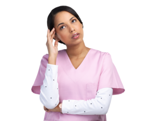 PNG cropped shot of an attractive young female healthcare worker looking stressed while standing in studio.