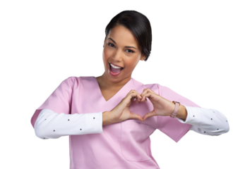 PNG cropped portrait of an attractive young female healthcare worker gesturing a heart shape with her hands in studio.