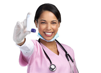 PNG cropped portrait of an attractive young female healthcare working holding up an asthma pump in studio. - obrazy, fototapety, plakaty