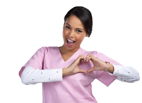PNG cropped portrait of an attractive young female healthcare worker gesturing a heart shape with her hands in studio.