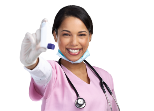 PNG cropped portrait of an attractive young female healthcare working holding up an asthma pump in studio.