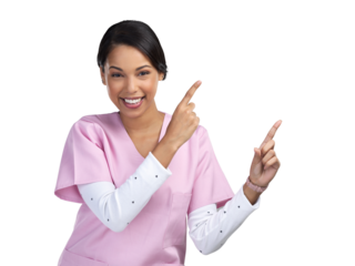 PNG cropped portrait of an attractive young female healthcare worker pointing towards copyspace in studio.